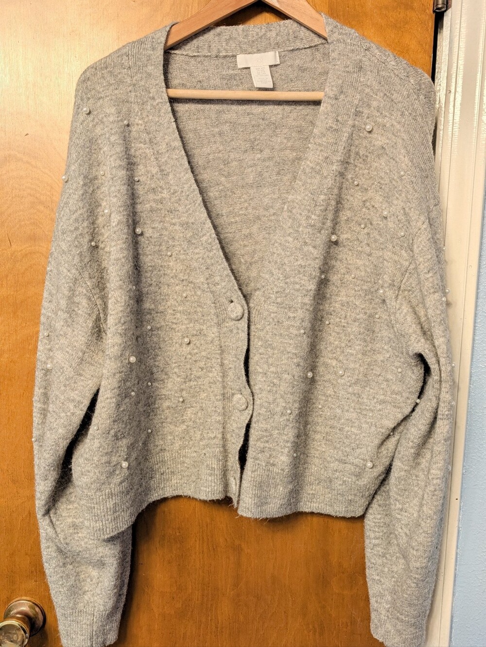 Pearl-Embellished Gray V-Neck Cardigan Sweater